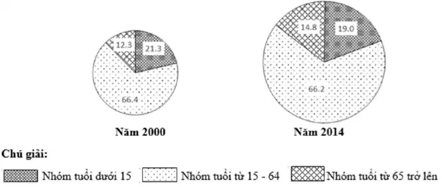 Câu 11: Cho biểu đồ: BIỂU ĐỒ CƠ CẤU DÂN SỐ THEO ĐỘ TUỔI CỦA HOA KÌ, GIAI ĐOẠN 2000 – 2014 (%) Nhận xét nào sau đây đúng nhất về sự thay đổi cơ cấu dân số theo độ tuổi của Hoa Kỳ, giai đoạn 2000 – 2014