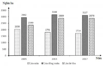 Câu 2: Cho biểu đồ về lúa theo mùa vụ của nước ta, giai đoạn 2005 – 2017 (Số liệu theo Niên giám thống kê Việt Nam 2018, NXB Thống kê, 2019) Biểu đồ thể hiện nội dung nào sau đây?
