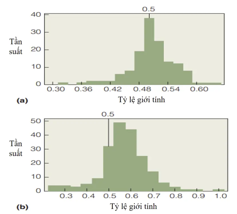 Câu 20: Tỷ lệ giới tính ở các loài khác nhau thì thường khác nhau và mang tính đặc trưng cho mỗi loài.Trong cùng một loài, tỷ lệ giới tính cũng có thể khác biệt ở các nhóm tuổi khác nhau. Các hình bên mô tả tỷ lệ đực/cái ở các loài chim khác nhau theo độ tuổi, hình (a) ở các con non và hình (b) ở các con trưởngthành. a) Tỷ lệ giới tính của chim non cân bằng hơn so với chim trưởng thành. b) Không có sự khác biệt đáng kể về tỷ lệ tử vong giữa chim đực và chim cái. c) Ở các loài động vật có vú, tỷ lệ giới tính có xu hướng thay đổi theo hướng con cái chết nhiều hơn do chúng tiêu tốn nhiều năng lượng khi chăm sóc con non. d) Trong quần thể thực vật, sự chết đi của các cây trưởng thành lại cần thiết cho sự phát triển của cây để duy trì số lượng quần thể cây.