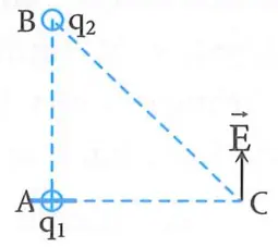 Câu 27: Ba điểm A, B và C trong không khí tạo thành tam giác vuông tại A như hình vẽ. Biết AB = 4cm và AC = 3cm. Tại A đặt điện tích điểm q1 = 2,7 nC, tại B đặt điện tích điểm q2. Vectơ cường độ điện trường $\overrightarrow{E}$ tổng hợp tại C có phương song song AB như hình vẽ. Điện tích q2 có giá trị là