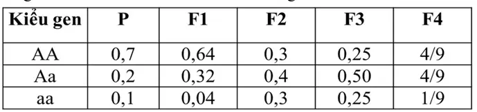 Câu 29: Một quần thể thực vật, xét một gen có hai alen, alen trội là trội hoàn toàn. Tỷ lệ mỗi kiểu gen ở các thế hệ được thể hiện ở bảng sau: Giả sử, sự thay đổi cấu trúc di truyền của quần thể qua mỗi thế hệ chỉ bị tác động bởi nhiều nhất của một nhân tố tiến hóa. Theo lý thuyết, có bao nhiêu phát biểu sau đây đúng? I. Quần thể này thuộc loại giao phối ngẫu nhiên. II. Sự thay đổi cấu trúc di truyền ở F2 có thể do tác động của các yếu tố ngẫu nhiên. III. Có thể hướng chọn lọc thay đổi đã làm cho tất cả các thể mang kiểu hình lặn ở F3 không còn khả năng sinh sản. IV. Nếu F4 vẫn chịu tác động của chọn lọc tự nhiên như F3 thì ở F5 có 6,25% cá thể mang kiểu hình lặn.