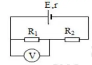 Câu 34: Cho mạch điện như hình bên. Biết E = 12V, r = 1Ω; R1 = 32Ω, R2 = 6Ω điện trở của vôn kế rất lớn. Bỏ qua điện trở của dây nối. Số chỉ vôn kế là