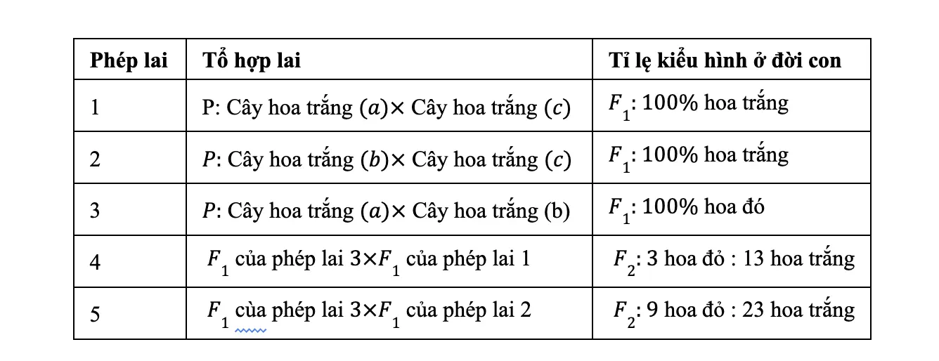Câu 38: Ở một loài thục vật, tính trạng màu hoa do ba gen không alen phân li độc lập quy định turơng tác theo kiểu bổ sung, mỗi gen có hai alen. Tiến hành các phép lai, kết quả thu được kiểu hình của đời con thể hiện ở bảng dưới đây: Biết rằng các cây hoa trắng (a), (b), (c) đều thuần chủng. Theo lí thuyết, có bao nhiêu phát biểu sau đây về tính trạng này là đúng? I. Nếu cho cây F1 của phép lai 3 lai với cây đồng hợp tử lặn về ba cặp gen thì đời con có tỉ lệ kiểu hình là 7 hoa đỏ : 1 hoa trắng. II. Nếu cho cây F1 của phép lai 3 lai với cây hoa trắng (a) thì đời con có tỉ lệ kiều hình là 3 hoa đỏ : 1 hoa trắng. III. Nếu cho cây F1 của phép lai 3 tự thụ phấn thì đời con có tỉ lệ kiểu hình là 27 hoa đỏ : 37 hoa trắng. IV. Nếu cho cây F1 của phép lai 1 tự thụ phấn thì đời con có tỉ lệ kiểu hình là 100% hoa trắng.