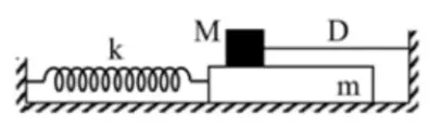 Câu 39: Cho cơ hệ như hình bên. Vật m khối lượng 100 g có thể chuyển động tịnh tiến, không ma sát trên mặt phẳng nằm ngang dọc theo trục lò xo có k = 40 N/m. Vật M khối lượng 300 g có thể trượt trên m với hệ số ma sát µ = 0,2. Ban đầu, giữ m đứng yên ở vị trí lò xo dãn 4,5 cm, dây D (mềm, nhẹ, không dãn) song song với trục lò xo. Biết M luôn ở trên m và mặt tiếp xúc giữa hai vật nằm ngang. Lấy g = 10 m/s2. Thả nhẹ cho m chuyển động. Tính từ lúc thả đến khi lò xo trở về trạng thái có chiều dài tự nhiên lần thứ 3 thì tốc độ trung bình của m là