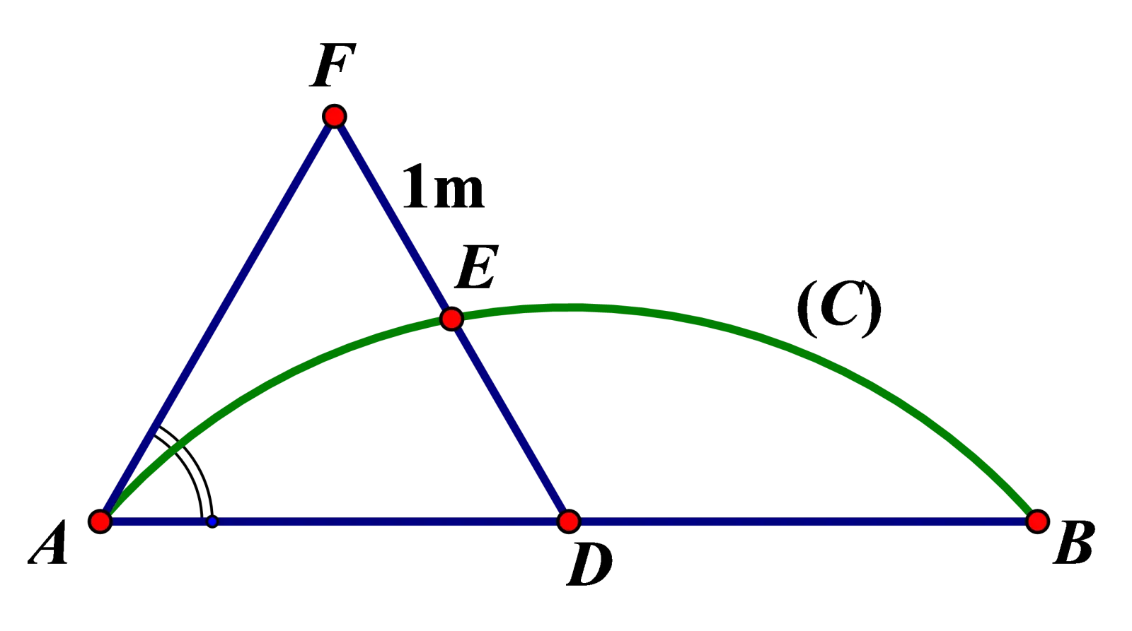 Câu 44: Mặt tiền nhà ông An có chiều ngang $AB=4m$, ông An muốn thiết kế lan can nhô ra có dạng là một phần của đường tròn $\left( C \right)$ (hình vẽ). Vì phía trước vướng cây tại vị trí $f$ nên để an toàn, ông An cho xây đường cong cách 1m tính từ trung điểm D của AB. Biết$AF=2m$, $\widehat{DAF}={{60}^{0}}$ và lan can cao 1m làm bằng inox với giá 2,2 triệu/m2. Tính số tiền ông An phải trả (làm tròn đến hàng ngàn).