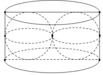 Câu 45: Người ta thả hai quả cầu sắt có cùng bán kính $r$ vào một chiếc hộp hình trụ đựng đầy nước sao cho các quả cầu đều tiếp xúc với hai đáy, đồng thời hai quả cầu tiếp xúc với nhau và mỗi quả cầu đều tiếp xúc với đường sinh của hình trụ (tham khảo hình vẽ). Biết lượng nước trong hộp ban đầu là $12$ lít, hỏi lượng nước còn lại sau khi thả hai quả cầu là bao nhiêu?